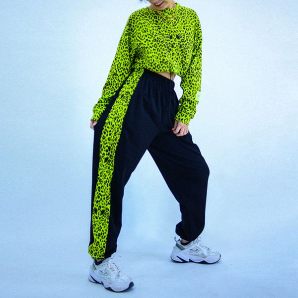 hip hop рыхлой костюмы для женщин с длинным рукавом толстовка + высокой талией леопардового штаны 2 piece set женской моды костюм, Gray